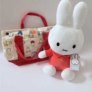 miffy White Plush Bunny with Red Outfit and Red-Trim Canvas Tote